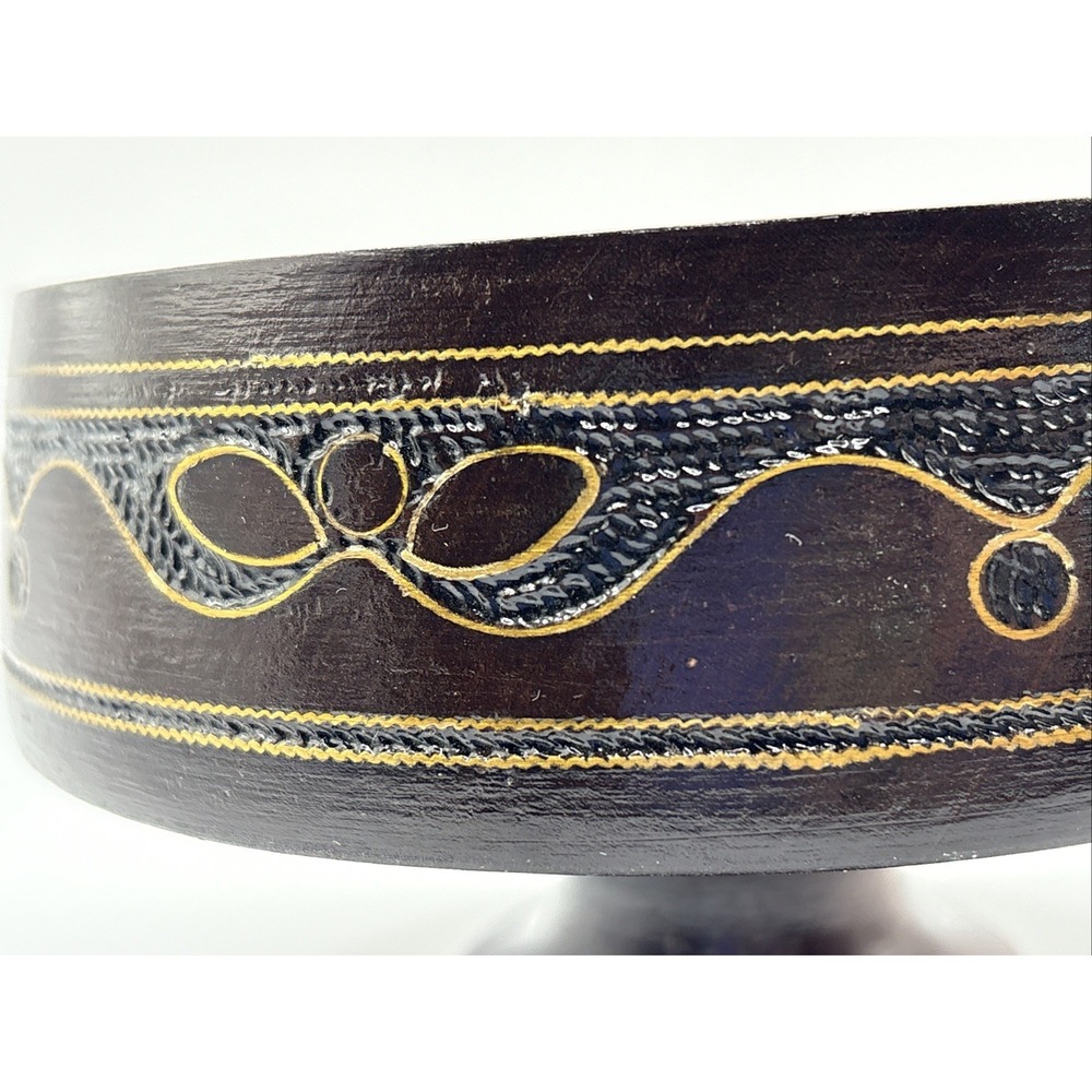 Hand Carved Wooden Pedistal Bowl With Metal Inlay - Picture 4 of 7